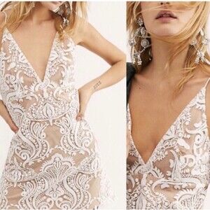 NWT Free People Night Shimmers Mini Dress White Ivory Beige 8 Medium $108